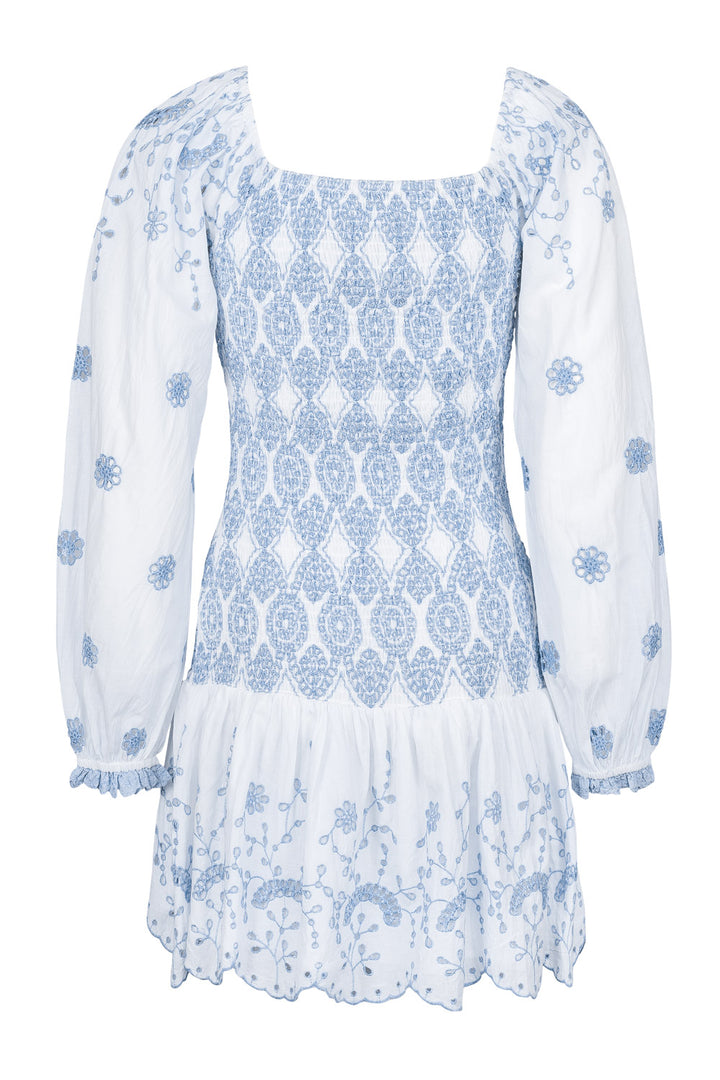 Augustine Dress White w Blue Embroidery