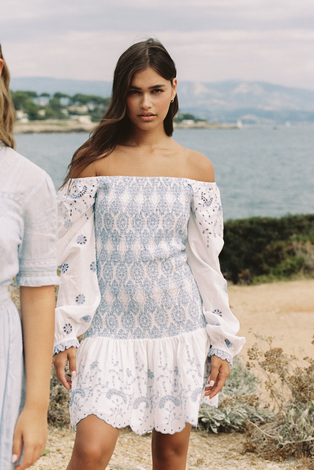 Augustine Dress White w Blue Embroidery